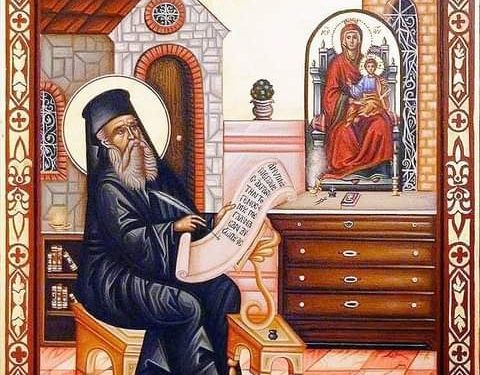 أيقونة للقديس نكتاريوس يكتب نشيد “عذراء يا أم الإله ” – الايقونة وشرحها